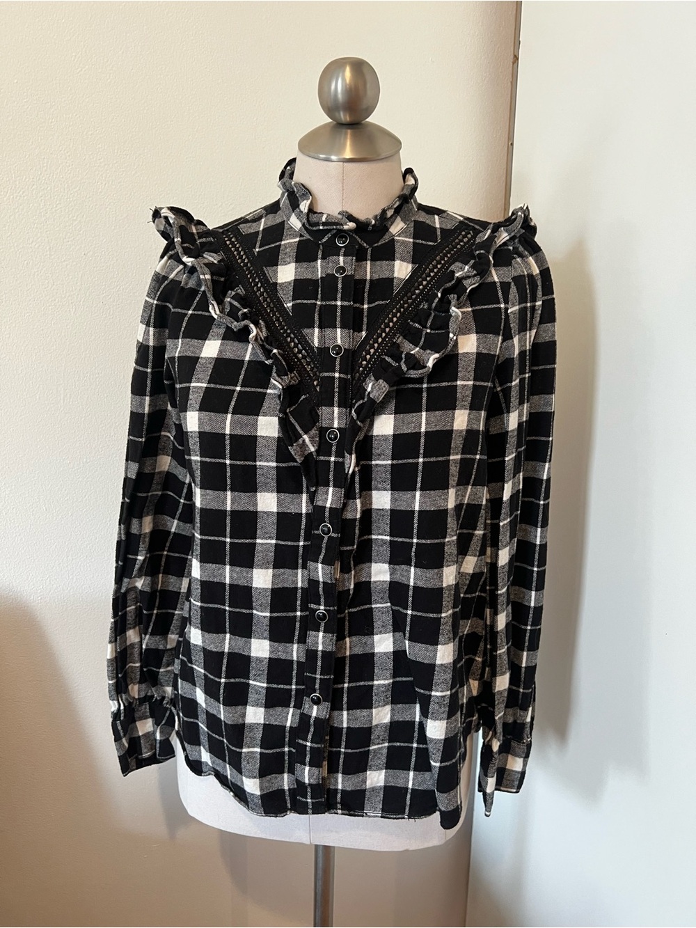 Kate Spade Black and White Plaid Ruffle Button-Up Top